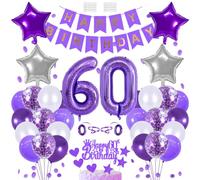 60 Birthday Decoration Happy Birthday Banner Balloons Garland Cupcake Toppers Purple Number 60 Helium Balloon Birthday Decorations for 60 Year Old Women Men Birthday Party Supplies Photo Backdrop