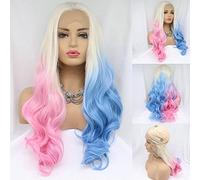 60# Blonde Ombre Half Pink/Half Blue Lace Front Wigs for Women Harley Quinn Wig Cosplay White Blonde Ombre Synthetic Realistic Looking Natural Wavy Ombre Wigs UK Heat Safe 24"