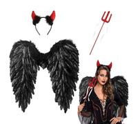 60 cm angel devil wings, black, angel wings with devil horns and magic wand, angel and devil wings costume women, angel devil wings adult for Halloween, carnival, cosplay