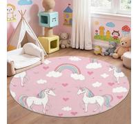 60 cm Round Rug, Magical Unicorn & Sky Accent Carpet, Machine Washable Non-Slip Circular Mat for Kids Bedroom and Nursery, Pink