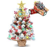 60 cm Tabletop Christmas Tree with Colorful LED Lights, Snow Flocked Mini Xmas Tree with Ornaments, Pinecones, Berries, Burlap Pot Base, Battery Powered for Holiday Decor Office, Indoor Display