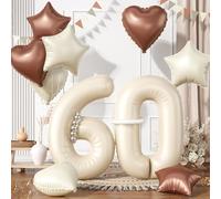 60 Cream White Balloons, 60 Number Balloons Set, Beige Number 60 Balloon, Brown Sand White Foil Star Heart Long Balloon For 60th 60 6 Years Old Birthday Party 6th kids Baby Shower Decorations