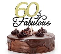 60 & Fabulous Birthday Cake Topper Black Gold Glitter Fabulous Cake Pick Decorations for 60th Wedding Anniversary Birthday Party Supplies