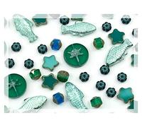 60 g of Glass Focal Bead Mix with Flowers, Table-Cut and fire Polish Czech Beads, PG Green