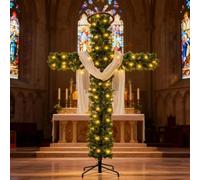60 Inch Artificial Christmas Cross Tree with Lights, Artificial Cross Xmas Tree with Silk Scarf and Christ Headwear, Foldable Xmas Tree for Indoor Outdoor Holiday, Yard