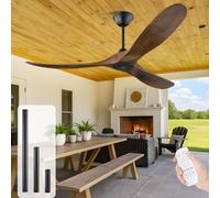 60 Inch Outdoor Wood Ceiling Fan without Light, Rustic Farmhouse Ceiling Fan with Remote, 3 Blade Large Airflow Propeller Cieling Fan for Patios Gazebo Covered Outside, 6 Speeds Reversible DC Motor
