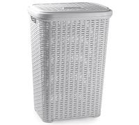 60 Litre Large Light Grey Plastic Laundry Basket with Lid Rattan Washing Clothes Storage Hamper Bin