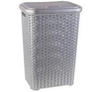 60 Litre Large Silver Plastic Laundry Basket with Lid Rattan Washing Clothes Storage Hamper Bin