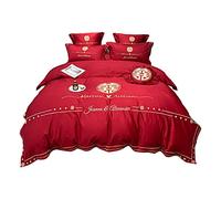 60 Long-staple Cotton Double Happiness Embroidered Four-piece Set Red Cotton Duvet Cover Bed Cover Wedding Bedding (Color : A 4-piece suit, Size : 1.8m) (A 5 piece Suit)