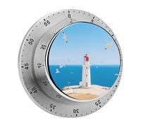 60 Minute Visual Wind Up Timer, Mechanical Kitchen Timer with Magnetic Base & Loud Alarm, Battery-Free Manual Santorini Greek Island Landscape Countdown Clock for Focus Cooking Studying Gaming Classro