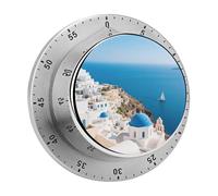 60 Minute Visual Wind Up Timer, Mechanical Kitchen Timer with Magnetic Base & Loud Alarm, Battery-Free Manual Santorini Greek Island Sea View Countdown Clock for Focus Cooking Studying Gaming Classroo