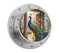 60 Minute Wind Up Timer, Visual Mechanical Timer with Loud Alarm, Stained Glass Peacock Kitchen Timers for Cooking - No Batteries Required - Magnetic Backing, Exquisite Stainless Steel Body