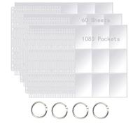 60 Pack 1080 Pockets Transparent Game Card Sleeves, Trading Card Sleeves, Neutral Transparent Game Card Sleeves Holder Set with DIY Cover and Back Cover and 4 Binding Circles (Double Sided)