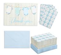 60 Pack Baby Shower Thank You Cards with Blue Envelopes for Boy, 4x6 inch with Clothesline Design and Includes 60 Cute Stickers for Appreciation