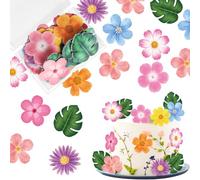 60 Pack Edible Flowers Cake Toppers Palm Leaves Tropical Turtle Leaf Cake Decorations Luau Hawaii Wafer Paper Flower Cupcake Picks for Baby Shower Wedding Birthday Party Cake Decorations Supplies