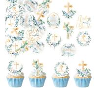60 Pack Edible God Bless Religious Cupcake Toppers Cross Faith Cake Toppers Rice Paper Wafer Paper Cupcake Picks for First Holy Communion Baptism Baby Shower Kids Birthday Cake Decorations Blue