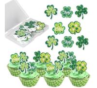 60 Pack Edible Happy St. Patrick's Day Cupcake Toppers Glitter Shamrock Lucky Three Leaf Clover Cupcake Picks for St.Patrick's Day Four Leaf Clover Shamrock Baby Shower Cupcake Decorations Supplies