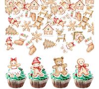 60 Pack Edible Merry Christmas Cupcake Toppers Gingerbread Man Santa Claus Cake Decorations Snowman Deer Christmas Tree Cupcake Picks for Merry Christmas Theme Xmas Holiday Birthday Party Supplies