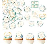 60 Pack Edible Welcome Boy Cupcake Toppers A Little Baby is on the Way Cake Toppers Rice Paper Wafer Paper Cupcake Picks for Kids Birthday Cake Decorations Green