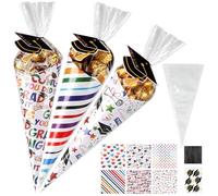 60 Pack Graduation Sweet Cone-shaped Treats Bags Kit with Clear Candy Bag, Grad Card Paper & Gift Tag, DIY Graduation Party Favors Ideas for Grad Ceremony Party Decor (Candy Not Included)