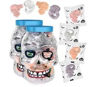 60 Pack Halloween Ring Candy - Individually Wrapped Holiday Themed Skull Candys Packed in a Skull Jar - Trick Or Treat Strawberry And Tutti Frutti Delicious Candys - Bulk Halloween Suckers Great Use
