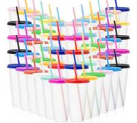 60 Pack Plastic Tumblers with Lids and Straws Bulk, 24oz Reusable Cold Cups Clear Plastic Drinking Cup Iced Water Tumblers Transparent Party Mug Cup for Iced Coffee Smoothie Milkshake(15 Colors)