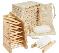60 Pack Soap Exfoliating Bag Holder Soap Set with 30 Pieces Soap Saver Bag Pouch Mesh Sisal Soap Bag and 30 Pieces Bamboo Wood Soap Holder for Shower and Bath Use