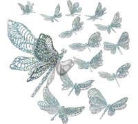 60 Pcs 3D Sequined Iridescent Dragonfly Wall Decor Stickers,Removable Glitter Silver Stickers 3 Sizes, Holographic Wall Art for Bedroom Wedding Bouquet Cake Flower Arrangements Decor(Silver)