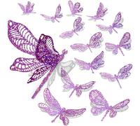 60 Pcs 3D Sequined Iridescent Dragonfly Wall Decor Stickers,Removable Glitter Silver Stickers 3 Sizes, Holographic Wall Art for Birthday Bloom Baby Shower Party Cake Girls Room Decorations(Purple)