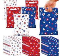 60 Pcs 4th of July Gift Bags Decorations,Plastic Blue White Red Star Goodie Bags with Handles Patriotic Candy Party Favor for Memorial Day Independence Day Army Retirement Party Decorations
