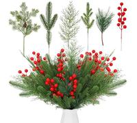 60 Pcs Artificial Pine Branches Christmas Greenery Stems Pine Picks Xmas Stems Pine and Cypress Branches Red Berries Christmas Holiday Decoration, DIY Christmas Garland Wreath