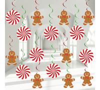 60 Pcs Christmas Hanging Swirls Decorations Christmas Candy Gingerbread Ornaments Xmas Peppermint Candy Gingerbread Man Ceiling Hanging Streamers for Home Indoor Birthday Holiday Party Supplies