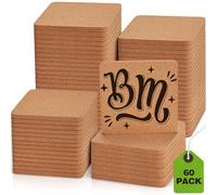 60 PCS Cork Coasters for Laser Engraving, GOH DODD Thicken Absorbent Mats Blank Coasters Bulk Tabletop Protection Plant Saucers for Drinks Wood Burning Arts Crafts DIY Resin Gifts, 4 Inch, Square