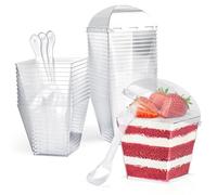 60 Pcs Dessert Cups with Lids and Spoons 200ml/7oz Square Dessert Cups Set Reusable Plastic Dessert Pots for Dessert Pudding Mousse Ice Cream Cheesecake