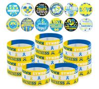 60 Pcs Down Syndrome Accessories Bulk Include 30 Blue Yellow Ribbon Awareness Silicone Bracelets and 30 Ehlers Danlos Syndrome EDS Special Education Badges Button Pins for Social Charity Event