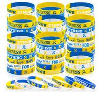 60 Pcs Down Syndrome Silicone Wristband Bracelets Blue Yellow Ribbon Awareness Bracelets Ehlers Danlos Syndrome EDS Special Education Motivational Wristband for Women Men Teen Social Charity Event,
