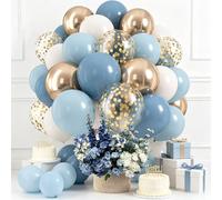 60 Pcs Dusty Blue Balloons Kit, 12 Inch Latex Balloons Set with Muted Blue & Champagne Gold Confetti Balloons and Matching Ribbons for Birthday, Wedding, Party Decoration Supplies