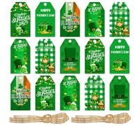 60 Pcs Happy St. Patrick's Day Paper Tags with String Shamrock Irish Holiday Party Cookie Candy Bag Wrapping Labels Decoration Supplies