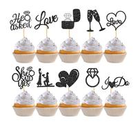 60 Pcs He Asked She Said Yes Cupcake Toppers,Engagement Cupcake Toppers Glitter Diamond Ring Heart Love I Do Cupcake Picks for Engagement Wedding Party Cake Decorations,Black