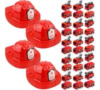 60 Pcs Kids Fireman Party Favors 30 Mini Pullback Fire Engine Trucks 30 Plastic Firefighter Helmet Fire Chief Hat for Boys Girls Costume Accessory