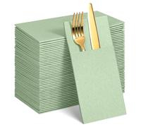 60 Pcs Sage Green Linen-Feel Paper Napkins with Built-in Flatware Pocket