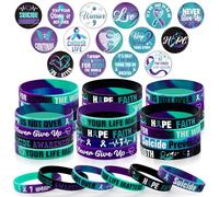 60 Pcs Suicide Prevention Awareness Accessories Bulk Include 30 World Suicide Prevention Day Hope Faith Bracelets and 30 Teal Purple Ribbon Semicolon Round Badges for Suicide Awareness and Prevention