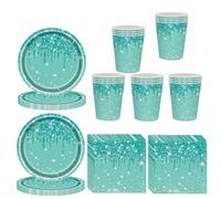60 Pcs Teal Party Tableware Set - Blue & Teal Blue Paper Plates, Cups & Napkins - Sparkling Diamond Dinnerware for Birthday, Wedding & Baby Shower