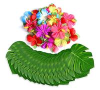 60 Pcs Tropical Party Decoration Supplies 20cm Tropical Palm Leaves and Hibiscus Flowers, Simulation Leaf for Hawaiian Luau Party Jungle Beach Theme Table Decorations