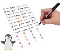 60 Personalised Stick On Writable Name Labels Tags with Twin Tip Permanent Marker for School Books Bottle Bags Name Tags Ideal for Nursing Home Daycare Washable No Iron Sticker (Penguin)