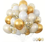 60 Piece 12" Latex Balloon Set, 15 Gold Confetti, 15 Pearlised White, 15 White, 15 Metallic Gold with 5m Balloon Arch Tape. Suitable for Air or Helium fill. Perfect balloon decoration kit.