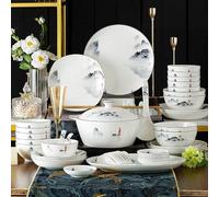 60-Piece Dinnerware Set,Exquisite Porcelain Tableware,Antiquity Chinese Style Porcelain Set,Ink Painting Design Dinner Dishes Set,Plates/Bowls/Spoons and Soup Pot