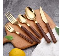 60-piece Gold Wood Stainless Steel Flatware Set for 12 - Durable Cutlery with Wooden Grain Design, Perfect for Home, Kitchen, Weddings, and Restaurants Gold 40 Piece Service for 8