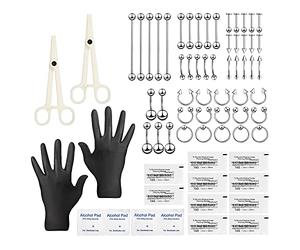 60 Piece Piercing Kit Set for SelfStinging Lot Stainless Steel Cartilage Helix Daith Septum Hoop Nose Ring Horseshoe Lip Tongue Eyebrow Tragus Nipple Belly Button Rings Barbells Body Jewellery 14G 16G