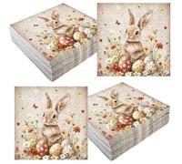 60 Pieces Cute Vintage Bunny Egg Flowers Pattern Easter Disposable Beverage Napkins Easter Themed Serviettes Rabbit Cocktail Paper Napkin 2 Ply for Holiday Luncheon Dinner Party Supplies, 33 x 33 cm